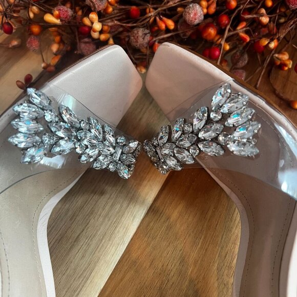 Schutz Vinyl Crystal-Embellished Stiletto Heel Sandal Sz 7.5B Mild Rose Ankle - Picture 8 of 14